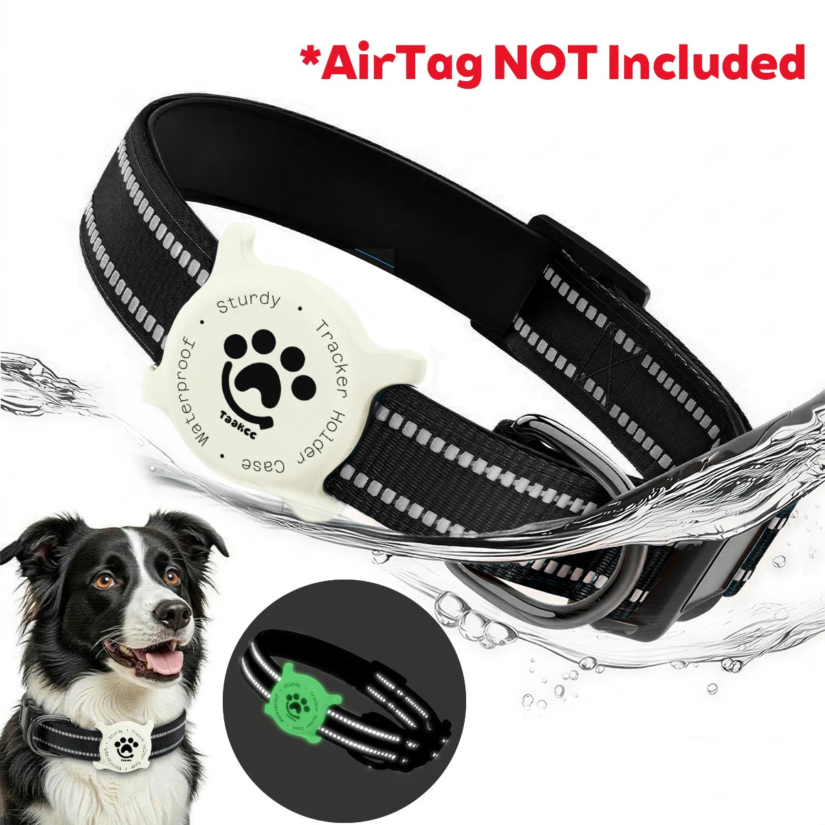 Taakcc Reflective Dog Collar with Luminous AirTag Holder, Waterproof Soft Padding, and Safety Buckle - AirTag Tracker Case for Dogs