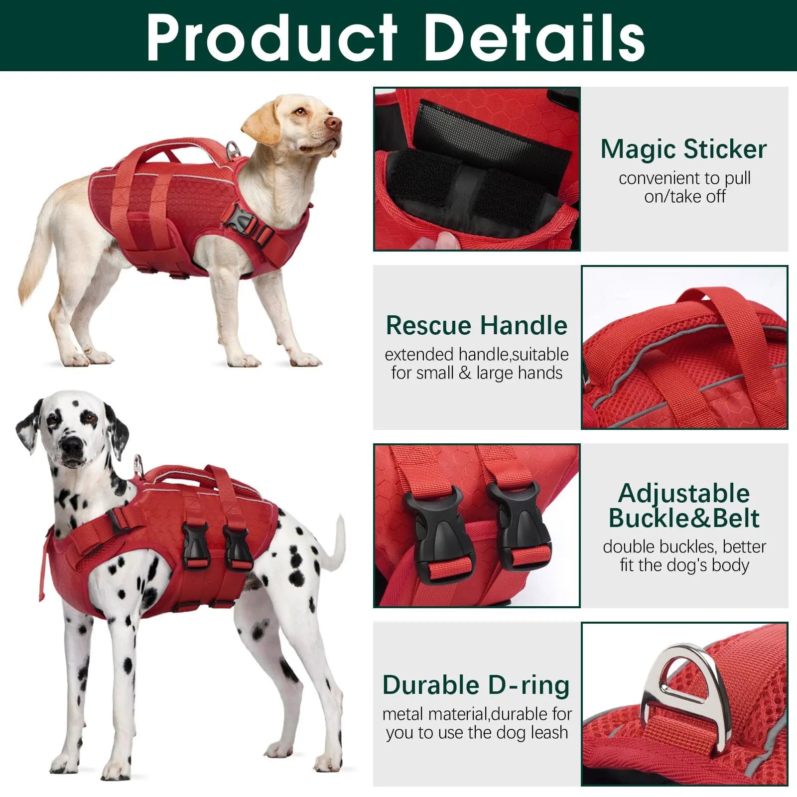 Kuoser Dog Life Jacket High Buoyancy, Reflective Dog Life Vest for Swimming Boating, Adjustable Small Medium Large Dog Lifejacket, Lightweight Dog Life Preserver Rescue Handle Spring Summer Pool