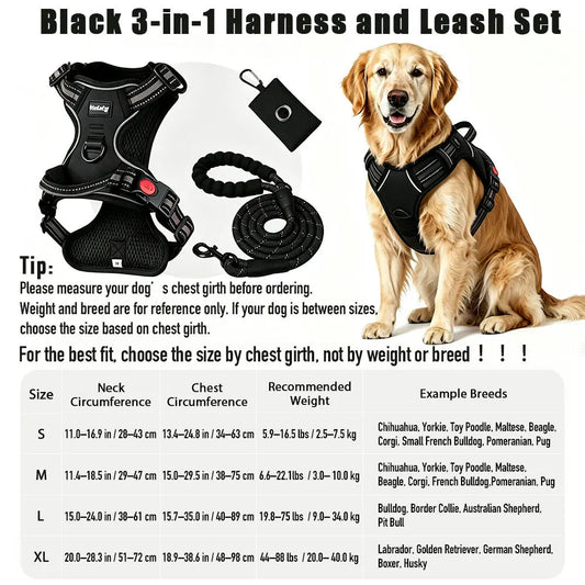 HELETY 3-in-1 No-Pull Dog Vest Harness for Medium to Large Dogs - Heavy-Duty Reflective Oxford with Anti-Escape Lock, Adjustable Fit, Includes Poop Bag Holder & Airtag Compatibility for Safe Night Walks