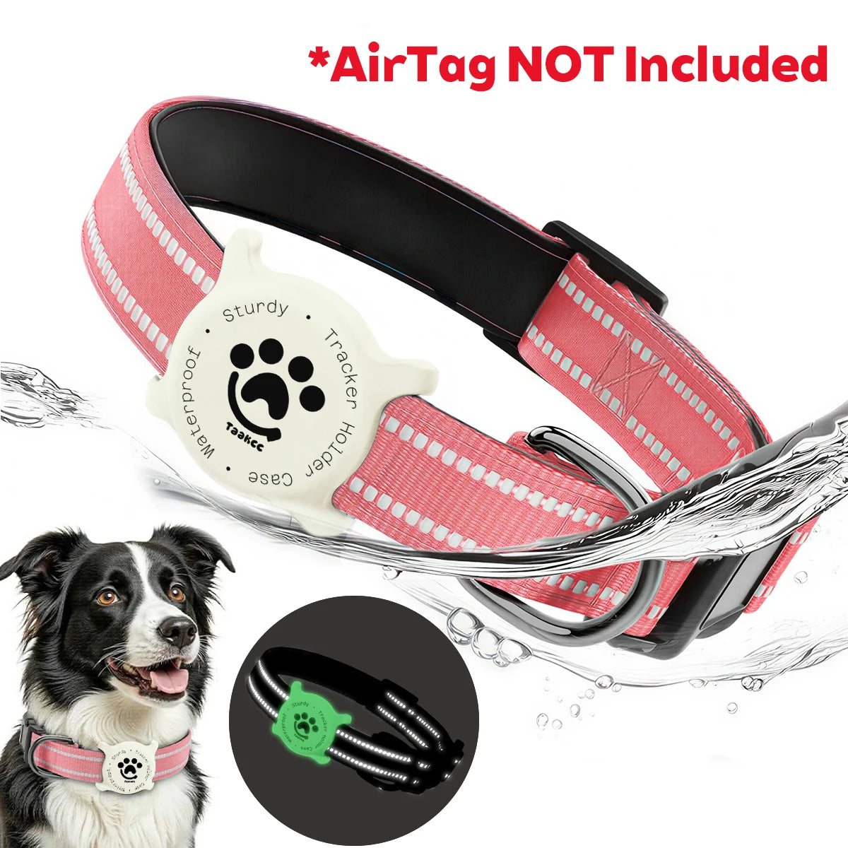 Taakcc Reflective Dog Collar with Luminous AirTag Holder, Waterproof Soft Padding, and Safety Buckle - AirTag Tracker Case for Dogs