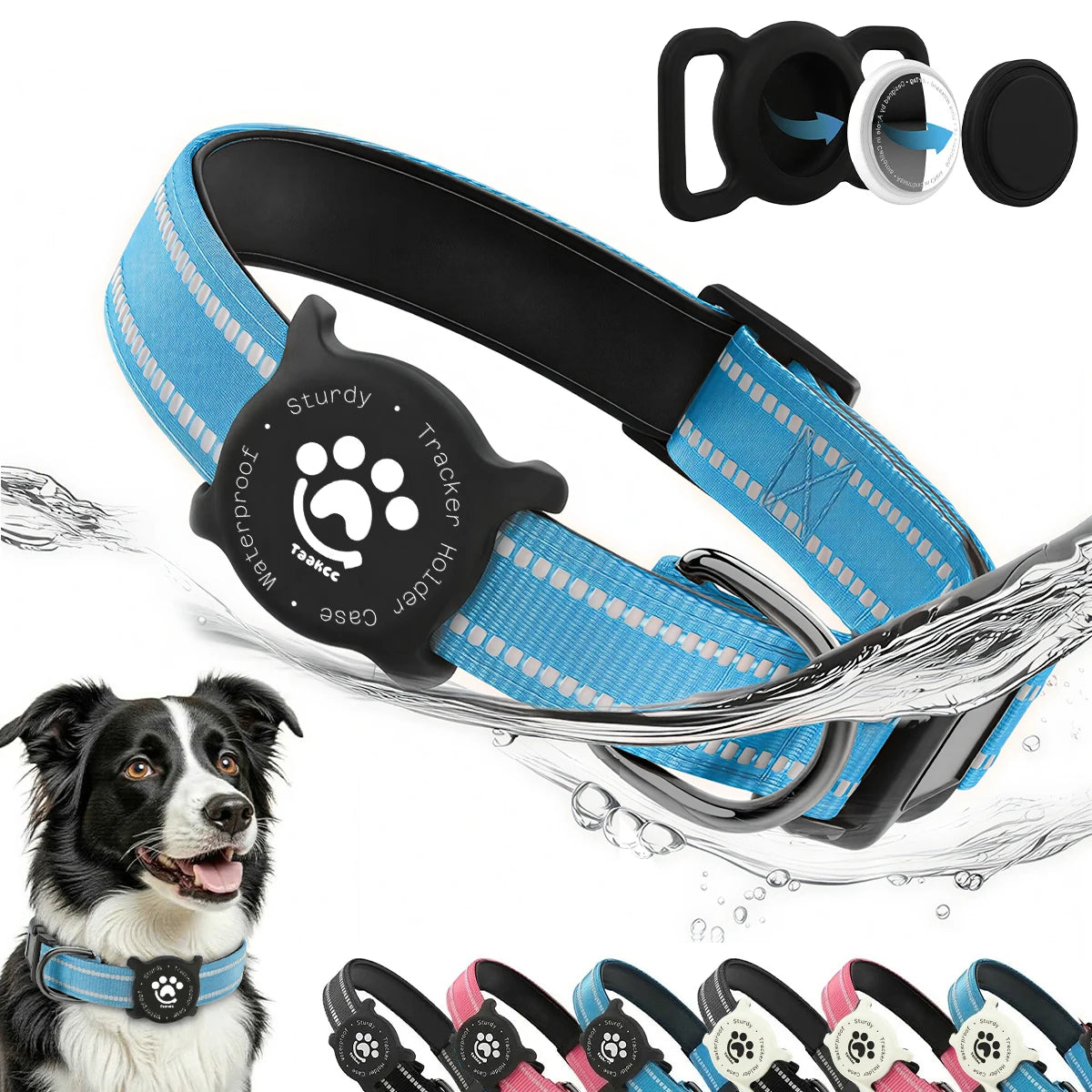 Taakcc Reflective Dog Collar with Luminous AirTag Holder, Waterproof Soft Padding, and Safety Buckle - AirTag Tracker Case for Dogs