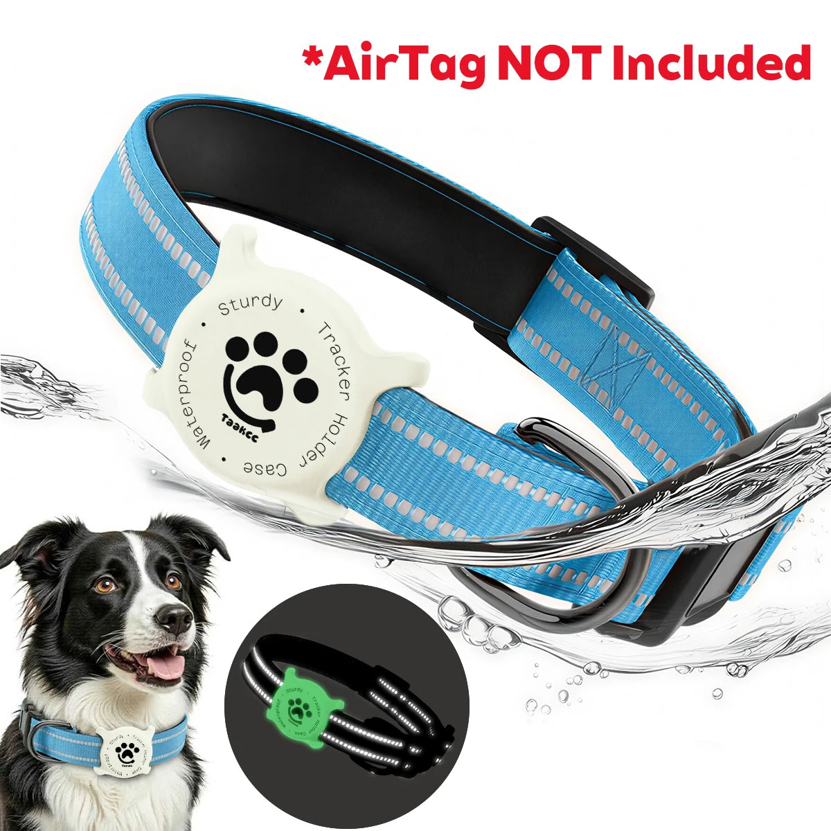 Taakcc Reflective Dog Collar with Luminous AirTag Holder, Waterproof Soft Padding, and Safety Buckle - AirTag Tracker Case for Dogs