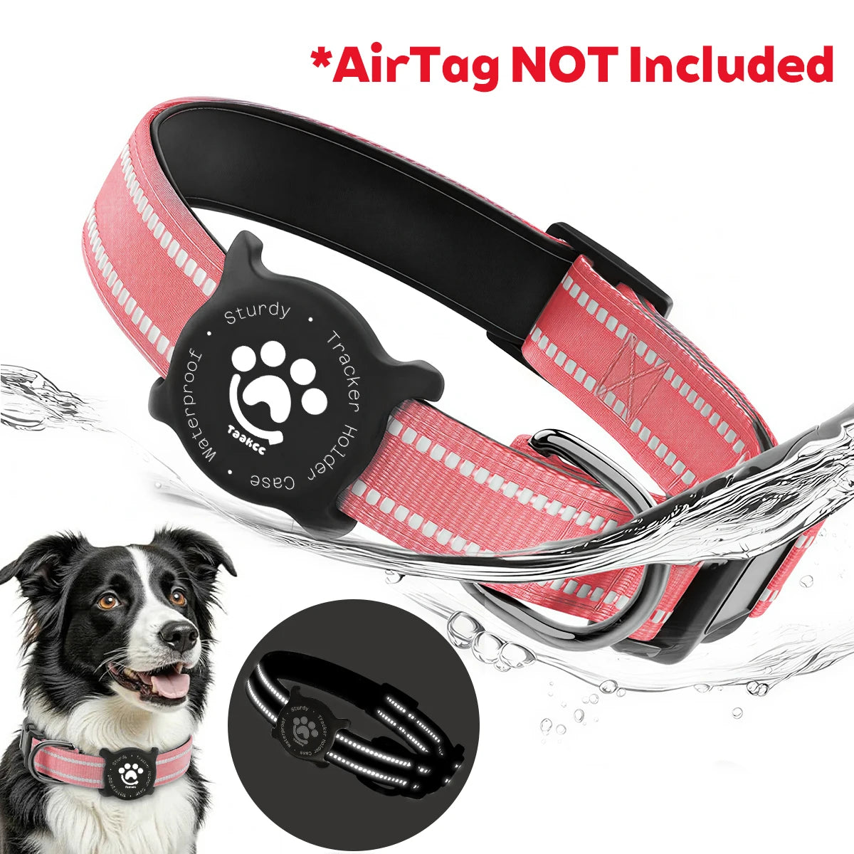 Taakcc Reflective Dog Collar with Luminous AirTag Holder, Waterproof Soft Padding, and Safety Buckle - AirTag Tracker Case for Dogs